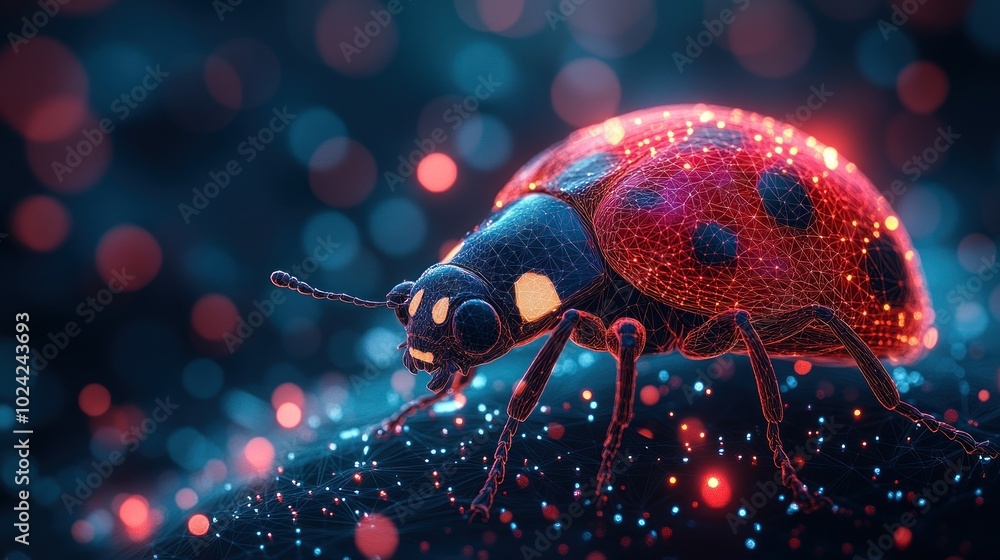 Poster a digital rendering of a ladybug with a glowing, wireframe design, on a dark blue background with re