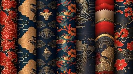 Asian patters set of Chinese or Japanese seamless traditional background