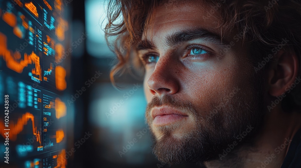 Poster a young man with a beard looks thoughtfully at a screen filled with graphs and data.
