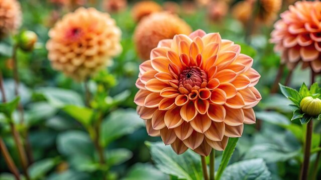 Vibrant terracotta dahlia flower in bloom in a garden