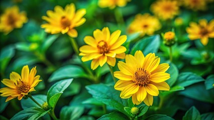 Obraz premium Vibrant yellow flowers contrast against a background of green leaves