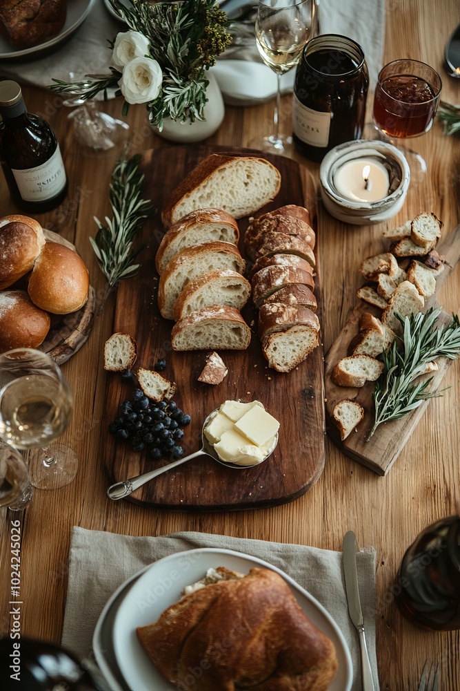 Poster flat lay view of a thanksgiving table with a focus on the bread and butter setup.