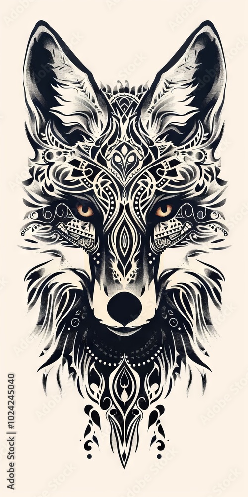 Poster fox head with elaborate tribal patterns in a flat lay composition.
