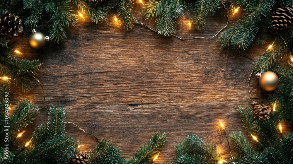Poster christmas background with fir branches, decorations and string lights in the frame and an empty spac
