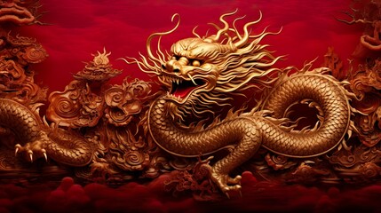 Fototapeta premium Chinese new year dragon and Happy new year Golden traditional chinese dragon background