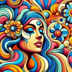 Abstract woman retro cool digital artwork. Contemporary pop art design, 70s style vivid flower...