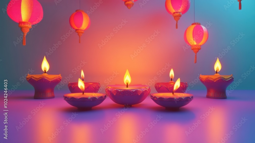 Poster lit diyas with hanging red lanterns in festive setting