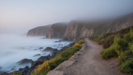 Foggy coastal path with rocky cliffs and vegetation along the shore at dawn.