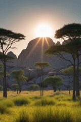 Forest meadow sun in over silhouetted savanna rocky view shot bright crashing shot lush.