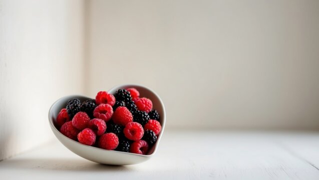 Heart Shaped Bowl Filled with Fresh Raspberries and Blackberries.