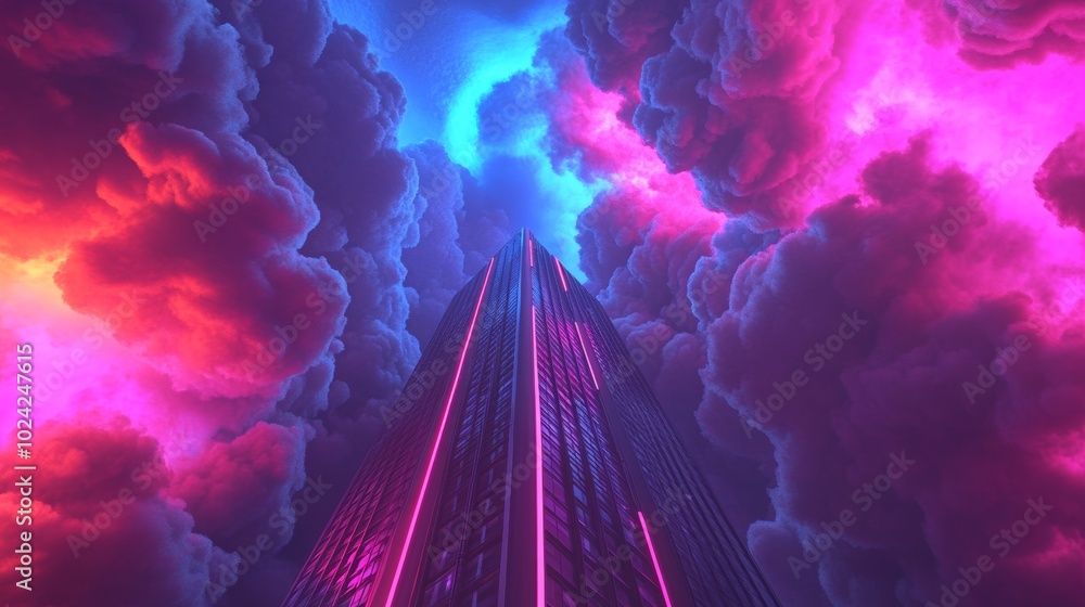 Poster synthwave skyscraper in a surrealistic environment with neon clouds and abstract forms.