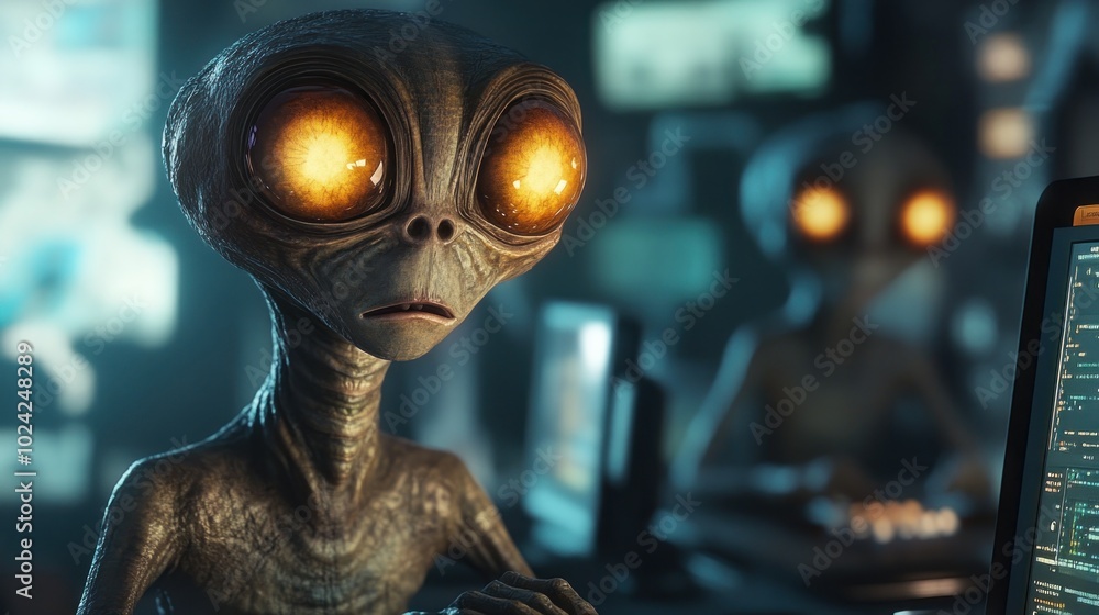 Poster a futuristic scene featuring aliens working at computers in a high-tech environment.