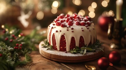 christmas poppy cake on wooden table