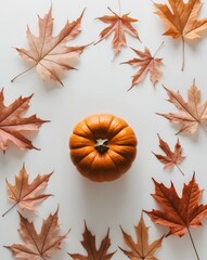 Single Pumpkin with Watercolor Autumn Leaves.