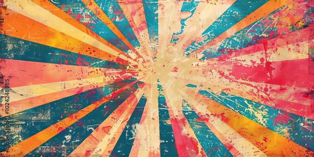 Poster a dynamic and colorful abstract grunge background featuring sunburst rays and a distressed texture, 