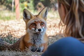 A close-up of a fox being released back into the wild after recovering from an injury, looking back at the caretakers.
