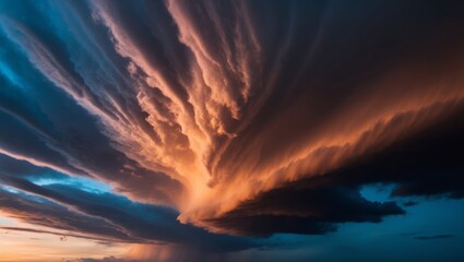 Obraz premium Vivid storm clouds at dusk displaying striking colors of orange and blue.