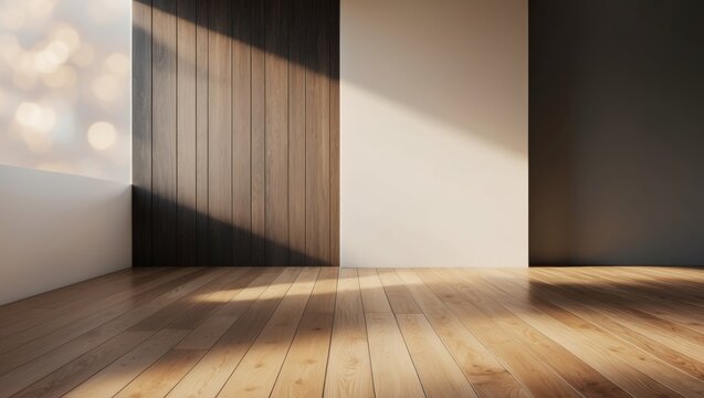 Wooden Floor with Dark Wall and Sunlight.