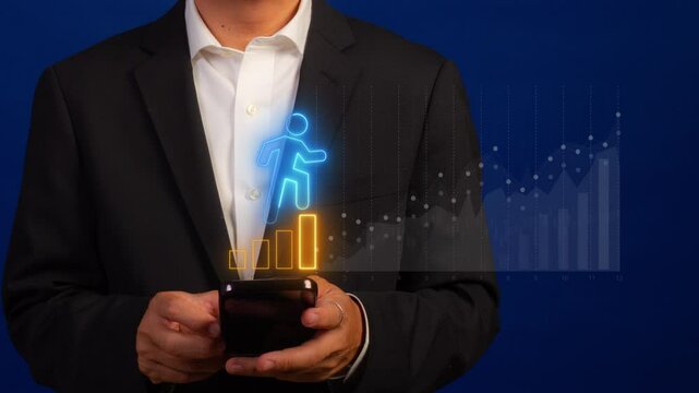 Business improve concept, parts of your business that need to be refined or could perform better. Businessman shows glowing neon line of man icon above growing index and spaceship on virtual screen.