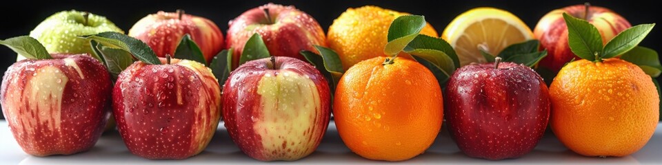 An assortment of apples and oranges, neatly arranged with green leaves in a row, showcasing their vibrant colors and fresh appearance

