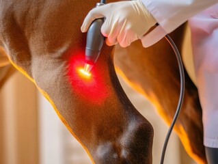 A close-up of a horse receiving laser therapy to treat a leg injury, with a therapist gently applying the treatment.