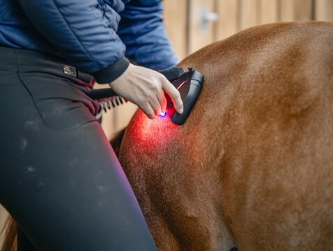 A close-up of a horse receiving laser therapy to treat a leg injury, with a therapist gently applying the treatment.