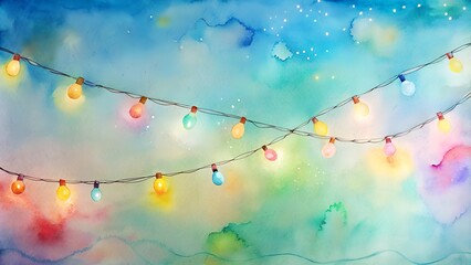 Colorful string lights against a dreamy watercolor background creating a festive and cheerful atmosphere