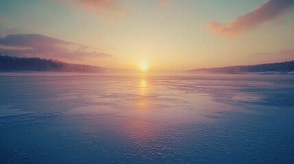 Fototapeta premium frozen lake sunset landscape with silhouettes of trees and pink and blue sky