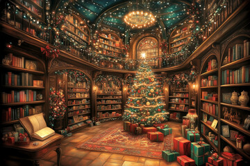 A Christmas tree is in the middle of a library with many bookshelves. The scene is cozy and festive, with the tree and the bookshelves creating a warm and inviting atmosphere