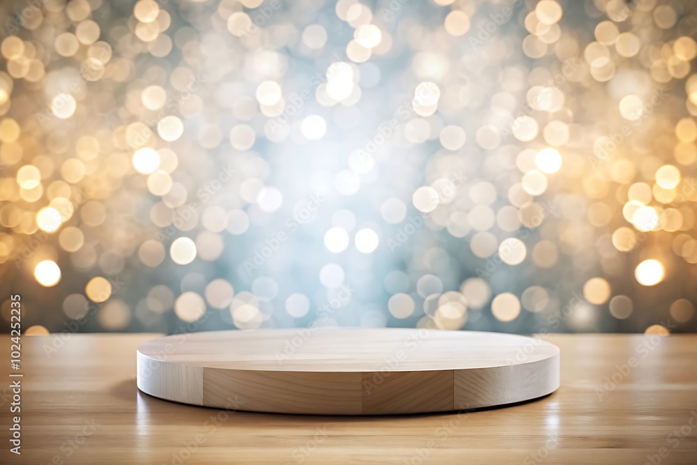 Poster elegant wooden display stand with bokeh background