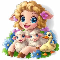Obraz premium Cute Illustration of a Sheep Family with Mother Ewe