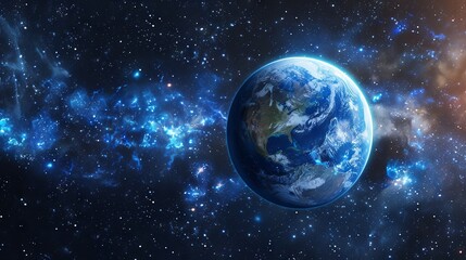 Obraz premium Stunning 3d rendering of a vibrant planet floating in outer space with detailed surface textures and glowing atmosphere – perfect for sci-fi designs, futuristic projects, and cosmic visualizations