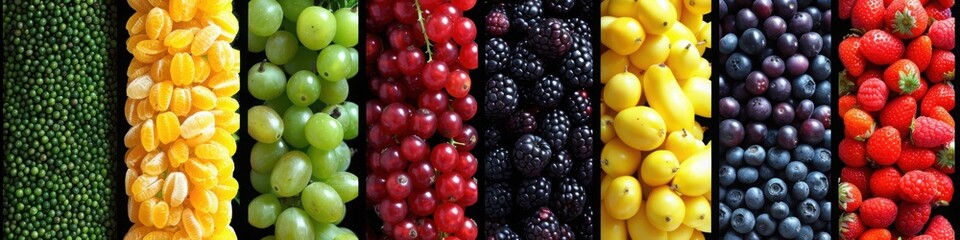 A vertical arrangement of fresh fruits, featuring grapes, berries, citrus, and kiwi, organized in colorful columns.


