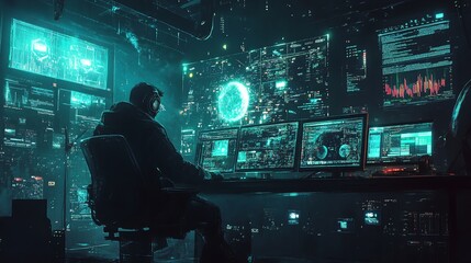 A hacker working late at night in a dimly lit room with multiple monitors displaying code and data.