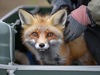 A close-up of a rehabilitated fox being released back into the forest, hesitantly stepping out of its carrier.