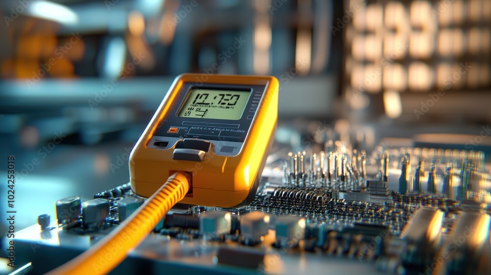 Poster a digital multimeter measuring voltage on a circuit board in a tech environment.