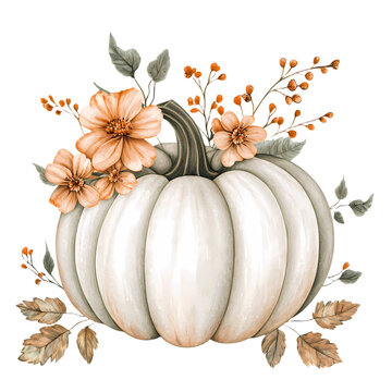 recommend clip art:  Watercolor pumpkin with flowers and leaves clip art, white background, warm color palette, cozy mood