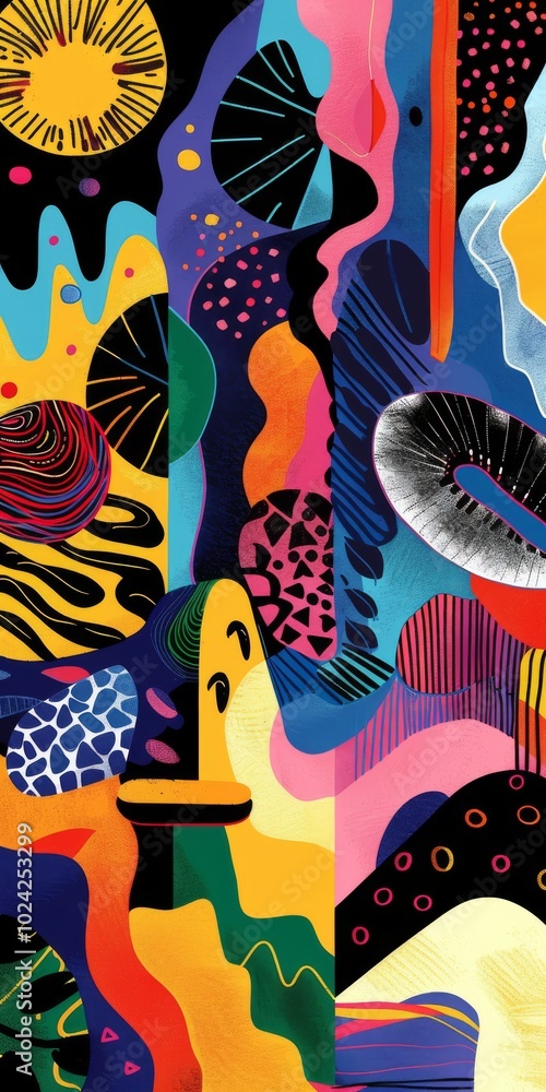Poster abstract lofi scene with bold color patterns.