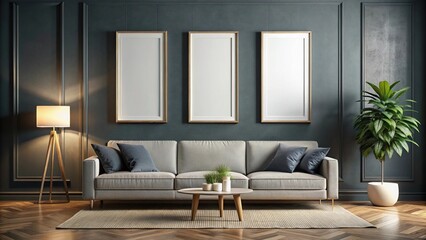 Wall art mockup featuring three canvas with borders on a dark wall, an empty mockup frame, and a panoramic layout