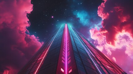 Obraz premium A tall skyscraper with glowing neon lights against a backdrop of colorful clouds and stars.