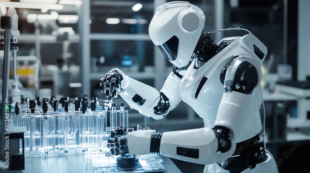 Poster a white humanoid robot works on an assembly line in a laboratory setting.