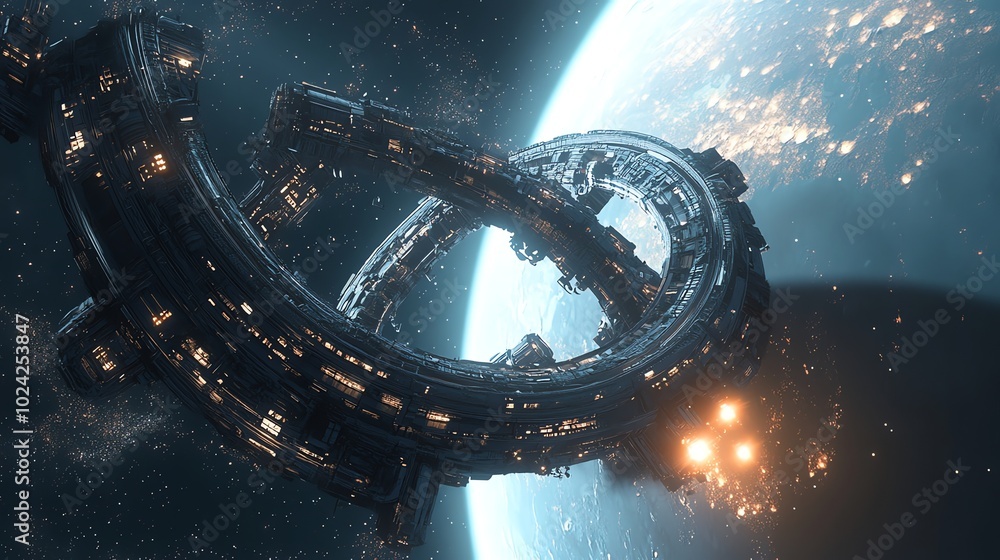 Poster futuristic space station orbiting a planet in a vast and starry expanse.