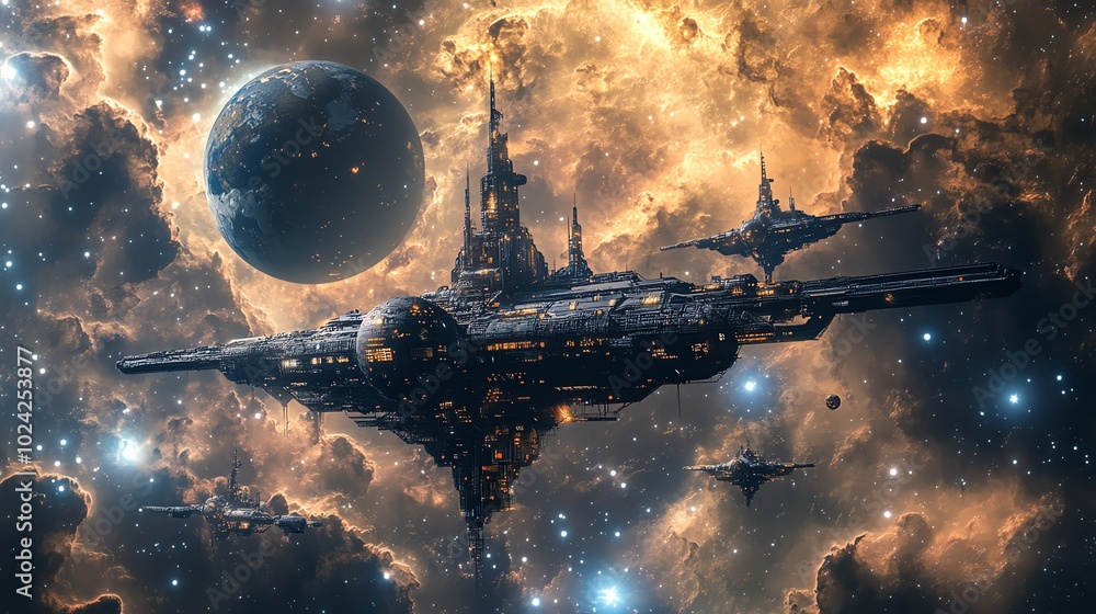 Canvas Prints a futuristic spaceship fleet traveling through a nebula.