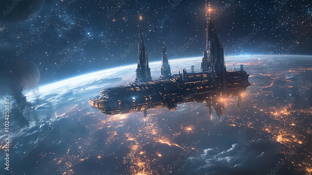 Poster a futuristic spacecraft hovering above a glowing planet with a starry backdrop.