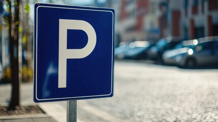 Parking sign, blue car parking lot signage with white P letter