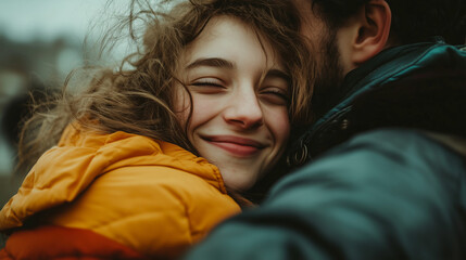 Joyful embrace between friends on a chilly day in the park captures the spontaneity of human connection and warmth
