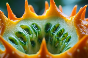 A close-up of a split-open kiwano (horned melon), revealing its vibrant green, jelly-like interior contrasting with the orange spiky shell.