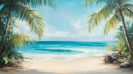 Obraz premium Painting of a tropical beach with palm trees framing a view of the ocean.