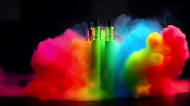 three rainbow disposable electronic cigarettes, colorful smoke around, dark background