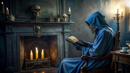 a human skeleton sitting and reading a book with several burning candles
